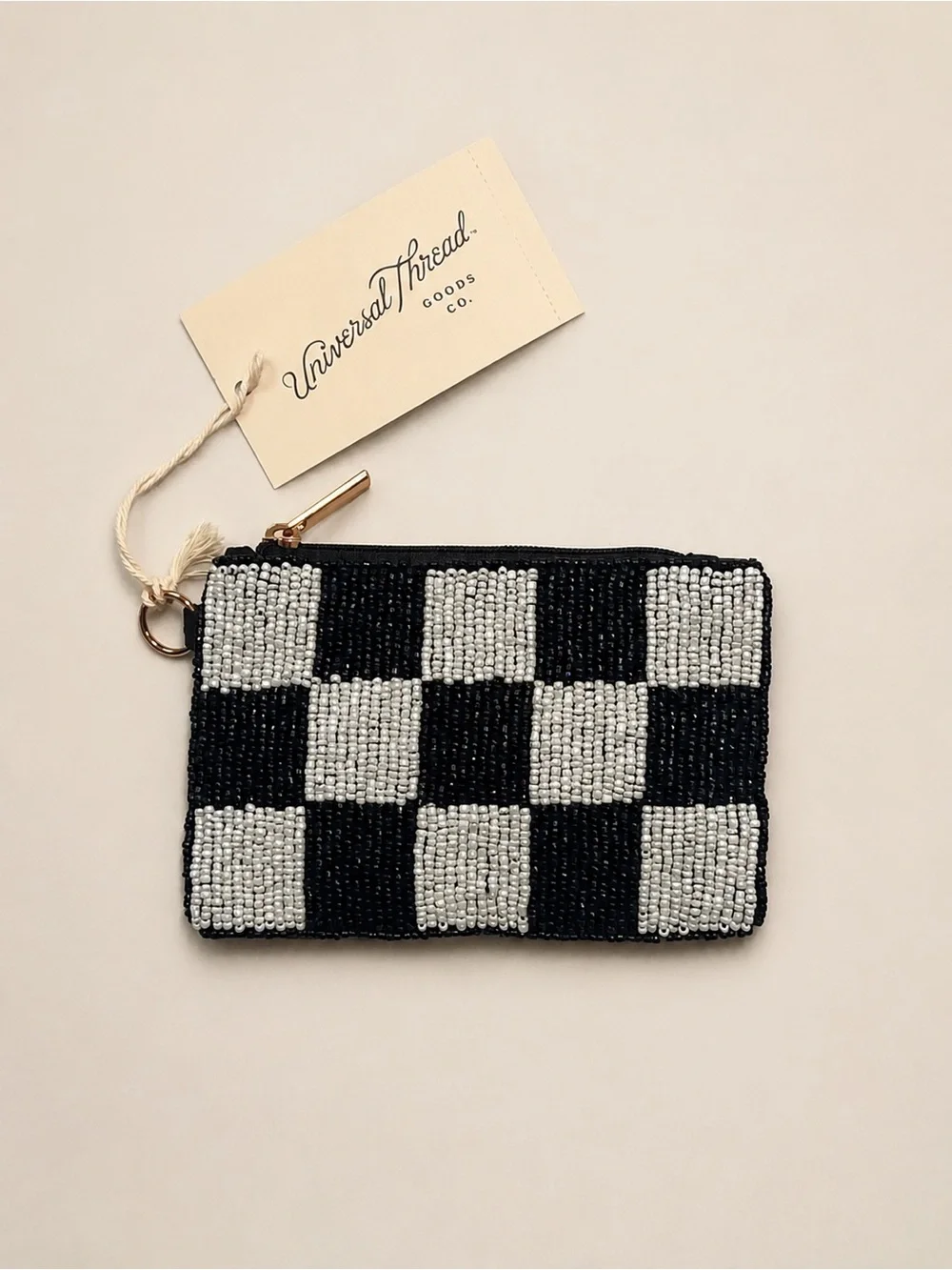 NWT Universal Thread Black & White Beaded Checker Coin Pouch with Keyring
